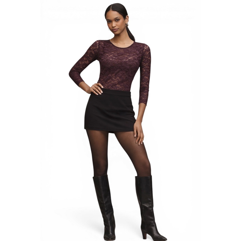 Anthropologie Top Womens S Brown Burgundy Floral Lace Sheer Long Sleeve Crewneck